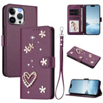 ZS01 Coque de Téléphone Double Couche Cœur Floral en Cuir Vegan avec Dragonne, Pour iPhone 16 Pro, Pour iPhone 16 Plus, Pour iPhone 16, Pour iPhone 15 Pro Max, Pour iPhone 15 Pro, Pour iPhone 15 Plus