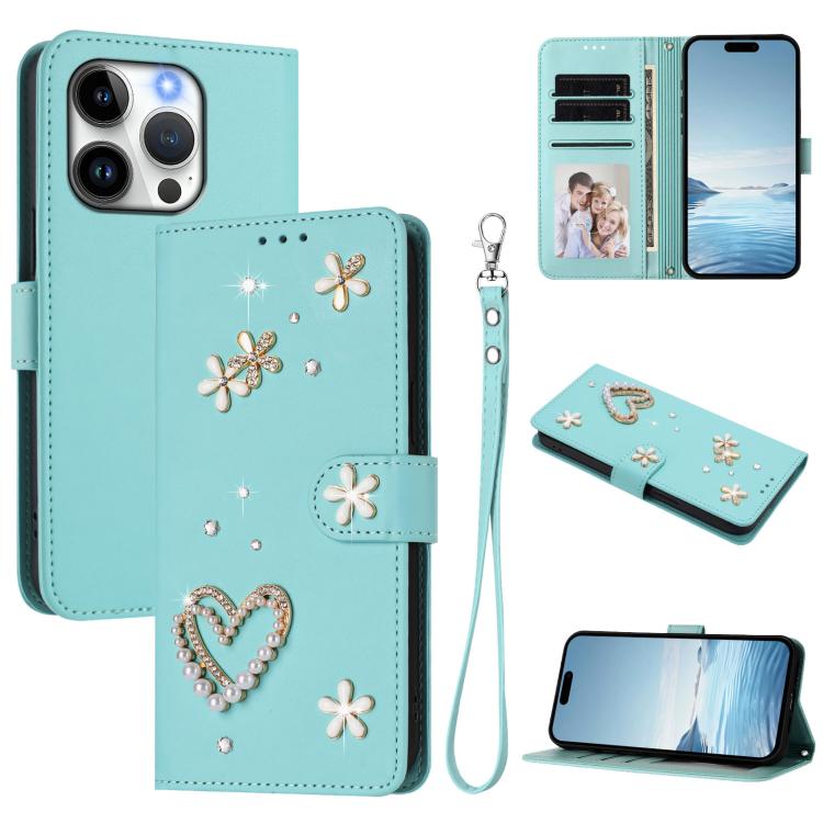 ZS01 Coque de Téléphone Double Couche Cœur Floral en Cuir Vegan avec Dragonne, Pour iPhone 16 Pro, Pour iPhone 16 Plus, Pour iPhone 16, Pour iPhone 15 Pro Max, Pour iPhone 15 Pro, Pour iPhone 15 Plus