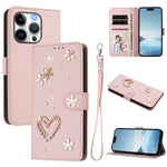 ZS01 Coque de Téléphone Double Couche Cœur Floral en Cuir Vegan avec Dragonne, Pour iPhone 16 Pro, Pour iPhone 16 Plus, Pour iPhone 16, Pour iPhone 15 Pro Max, Pour iPhone 15 Pro, Pour iPhone 15 Plus