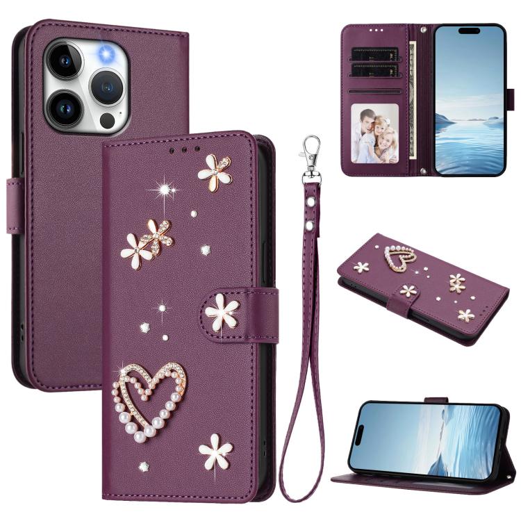 ZS01 Coque de Téléphone Double Couche Cœur Floral en Cuir Vegan avec Dragonne, Pour iPhone 16 Pro, Pour iPhone 16 Plus, Pour iPhone 16, Pour iPhone 15 Pro Max, Pour iPhone 15 Pro, Pour iPhone 15 Plus
