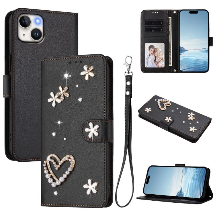 ZS01 Coque de Téléphone Double Couche Cœur Floral en Cuir Vegan avec Dragonne, Pour iPhone 16 Pro, Pour iPhone 16 Plus, Pour iPhone 16, Pour iPhone 15 Pro Max, Pour iPhone 15 Pro, Pour iPhone 15 Plus