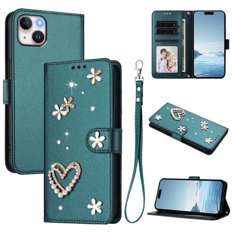 ZS01 Coque de Téléphone Double Couche Cœur Floral en Cuir Vegan avec Dragonne, Pour iPhone 16 Pro, Pour iPhone 16 Plus, Pour iPhone 16, Pour iPhone 15 Pro Max, Pour iPhone 15 Pro, Pour iPhone 15 Plus