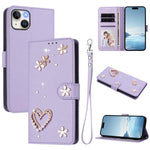 ZS01 Coque de Téléphone Double Couche Cœur Floral en Cuir Vegan avec Dragonne, Pour iPhone 16 Pro, Pour iPhone 16 Plus, Pour iPhone 16, Pour iPhone 15 Pro Max, Pour iPhone 15 Pro, Pour iPhone 15 Plus