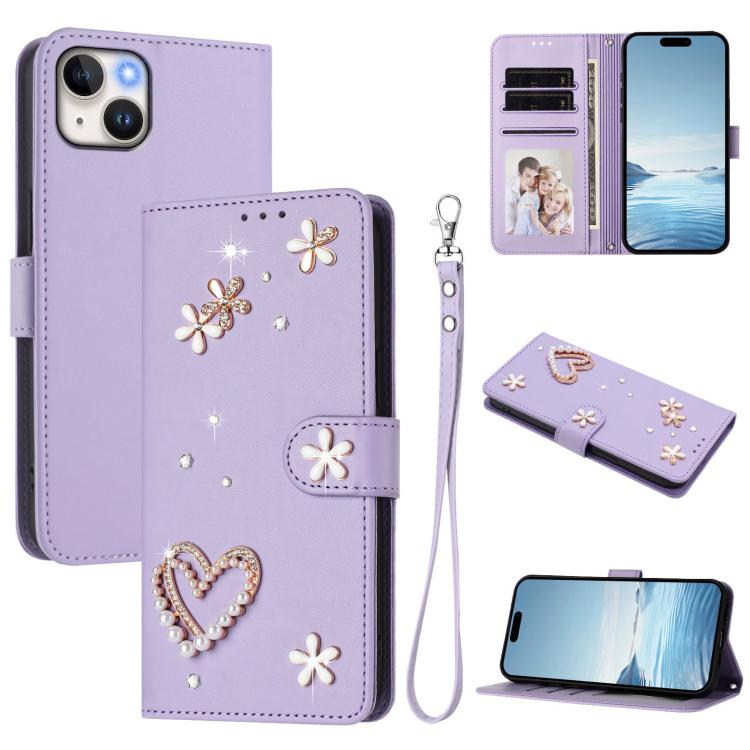 ZS01 Coque de Téléphone Double Couche Cœur Floral en Cuir Vegan avec Dragonne, Pour iPhone 16 Pro, Pour iPhone 16 Plus, Pour iPhone 16, Pour iPhone 15 Pro Max, Pour iPhone 15 Pro, Pour iPhone 15 Plus