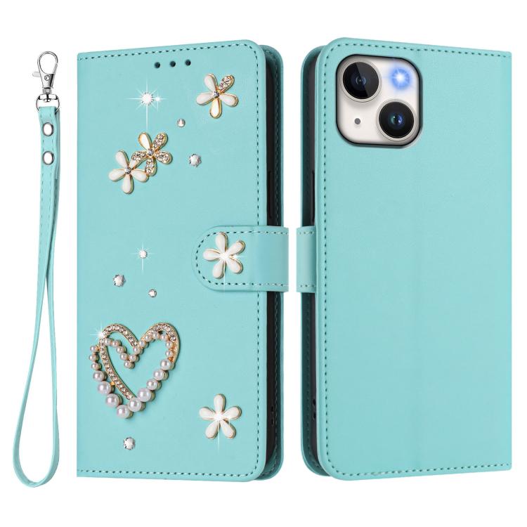 Coque de téléphone en cuir végétalien floral cœur double couche ZS01 avec dragonne, Pour iPhone 15, Pour iPhone 14 Plus, Pour iPhone 14 / 13, Pour iPhone 14 Pro, Pour iPhone 14 Pro Max, Pour iPhone 13 Pro Max