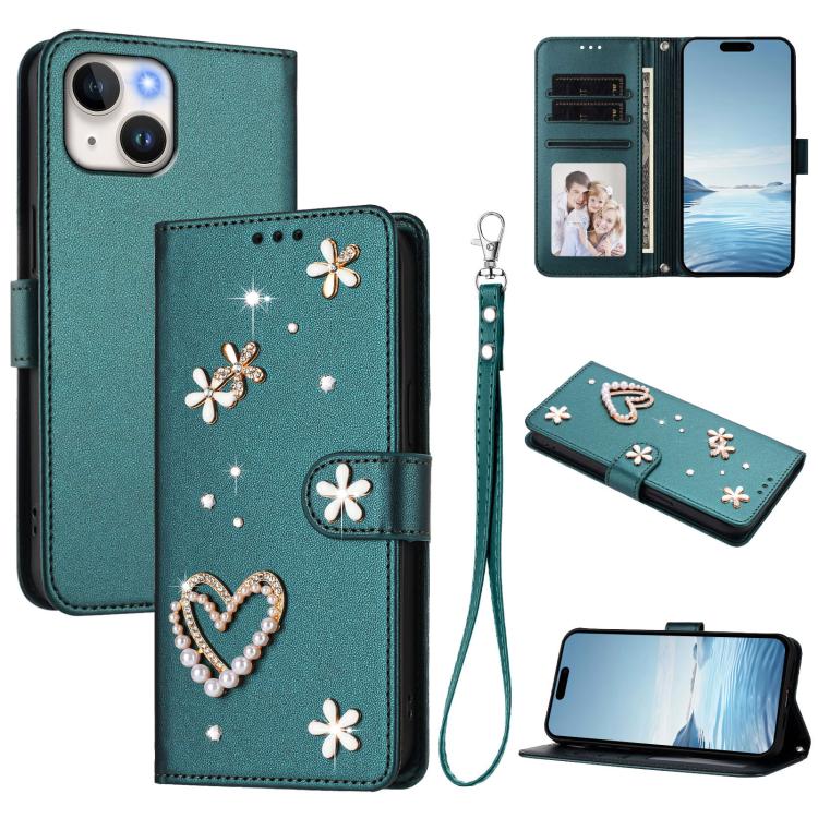 Coque de téléphone en cuir végétalien floral cœur double couche ZS01 avec dragonne, Pour iPhone 15, Pour iPhone 14 Plus, Pour iPhone 14 / 13, Pour iPhone 14 Pro, Pour iPhone 14 Pro Max, Pour iPhone 13 Pro Max