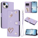 Coque de téléphone en cuir végétalien floral cœur double couche ZS01 avec dragonne, Pour iPhone 15, Pour iPhone 14 Plus, Pour iPhone 14 / 13, Pour iPhone 14 Pro, Pour iPhone 14 Pro Max, Pour iPhone 13 Pro Max