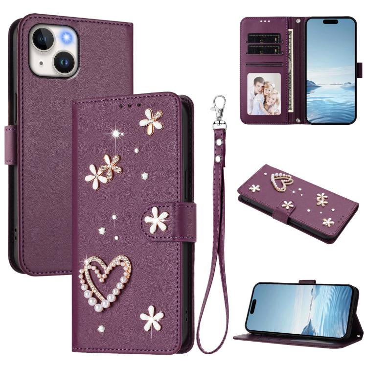 Coque de téléphone en cuir végétalien floral cœur double couche ZS01 avec dragonne, Pour iPhone 15, Pour iPhone 14 Plus, Pour iPhone 14 / 13, Pour iPhone 14 Pro, Pour iPhone 14 Pro Max, Pour iPhone 13 Pro Max