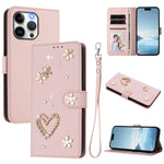 Coque de téléphone en cuir végétalien floral cœur double couche ZS01 avec dragonne, Pour iPhone 15, Pour iPhone 14 Plus, Pour iPhone 14 / 13, Pour iPhone 14 Pro, Pour iPhone 14 Pro Max, Pour iPhone 13 Pro Max