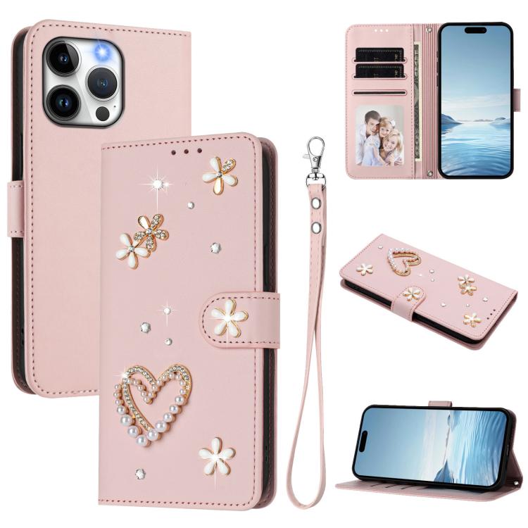 Coque de téléphone en cuir végétalien floral cœur double couche ZS01 avec dragonne, Pour iPhone 15, Pour iPhone 14 Plus, Pour iPhone 14 / 13, Pour iPhone 14 Pro, Pour iPhone 14 Pro Max, Pour iPhone 13 Pro Max