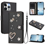 Coque de téléphone en cuir végétalien floral cœur double couche ZS01 avec dragonne, Pour iPhone 15, Pour iPhone 14 Plus, Pour iPhone 14 / 13, Pour iPhone 14 Pro, Pour iPhone 14 Pro Max, Pour iPhone 13 Pro Max