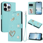 Coque de téléphone en cuir végétalien floral cœur double couche ZS01 avec dragonne, Pour iPhone 15, Pour iPhone 14 Plus, Pour iPhone 14 / 13, Pour iPhone 14 Pro, Pour iPhone 14 Pro Max, Pour iPhone 13 Pro Max
