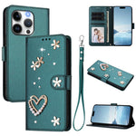 Coque de téléphone en cuir végétalien floral cœur double couche ZS01 avec dragonne, Pour iPhone 15, Pour iPhone 14 Plus, Pour iPhone 14 / 13, Pour iPhone 14 Pro, Pour iPhone 14 Pro Max, Pour iPhone 13 Pro Max