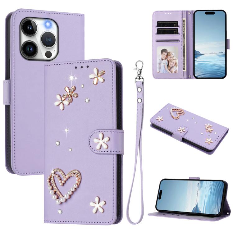 Coque de téléphone en cuir végétalien floral cœur double couche ZS01 avec dragonne, Pour iPhone 15, Pour iPhone 14 Plus, Pour iPhone 14 / 13, Pour iPhone 14 Pro, Pour iPhone 14 Pro Max, Pour iPhone 13 Pro Max