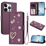 Coque de téléphone en cuir végétalien floral cœur double couche ZS01 avec dragonne, Pour iPhone 15, Pour iPhone 14 Plus, Pour iPhone 14 / 13, Pour iPhone 14 Pro, Pour iPhone 14 Pro Max, Pour iPhone 13 Pro Max