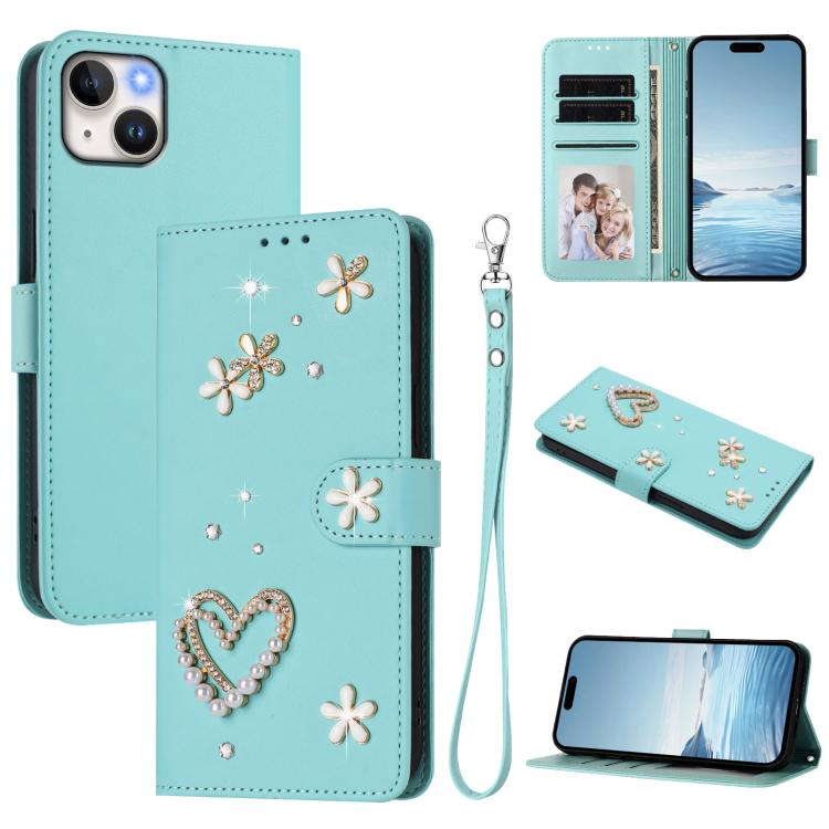Coque de téléphone en cuir végétalien floral cœur double couche ZS01 avec dragonne, Pour iPhone 15, Pour iPhone 14 Plus, Pour iPhone 14 / 13, Pour iPhone 14 Pro, Pour iPhone 14 Pro Max, Pour iPhone 13 Pro Max