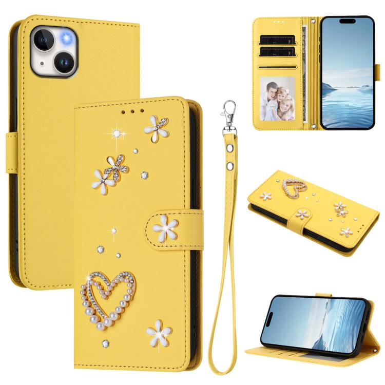Coque de téléphone en cuir végétalien floral cœur double couche ZS01 avec dragonne, Pour iPhone 15, Pour iPhone 14 Plus, Pour iPhone 14 / 13, Pour iPhone 14 Pro, Pour iPhone 14 Pro Max, Pour iPhone 13 Pro Max
