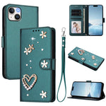 Coque de téléphone en cuir végétalien floral cœur double couche ZS01 avec dragonne, Pour iPhone 15, Pour iPhone 14 Plus, Pour iPhone 14 / 13, Pour iPhone 14 Pro, Pour iPhone 14 Pro Max, Pour iPhone 13 Pro Max