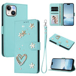 Coque de téléphone en cuir végétalien floral cœur double couche ZS01 avec dragonne, Pour iPhone 15, Pour iPhone 14 Plus, Pour iPhone 14 / 13, Pour iPhone 14 Pro, Pour iPhone 14 Pro Max, Pour iPhone 13 Pro Max