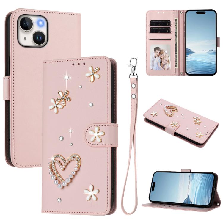 Coque de téléphone en cuir végétalien floral cœur double couche ZS01 avec dragonne, Pour iPhone 15, Pour iPhone 14 Plus, Pour iPhone 14 / 13, Pour iPhone 14 Pro, Pour iPhone 14 Pro Max, Pour iPhone 13 Pro Max