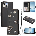 Coque de téléphone en cuir végétalien floral cœur double couche ZS01 avec dragonne, Pour iPhone 15, Pour iPhone 14 Plus, Pour iPhone 14 / 13, Pour iPhone 14 Pro, Pour iPhone 14 Pro Max, Pour iPhone 13 Pro Max
