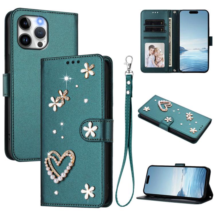 Coque de téléphone en cuir végétalien floral cœur double couche ZS01 avec dragonne, Pour iPhone 15, Pour iPhone 14 Plus, Pour iPhone 14 / 13, Pour iPhone 14 Pro, Pour iPhone 14 Pro Max, Pour iPhone 13 Pro Max
