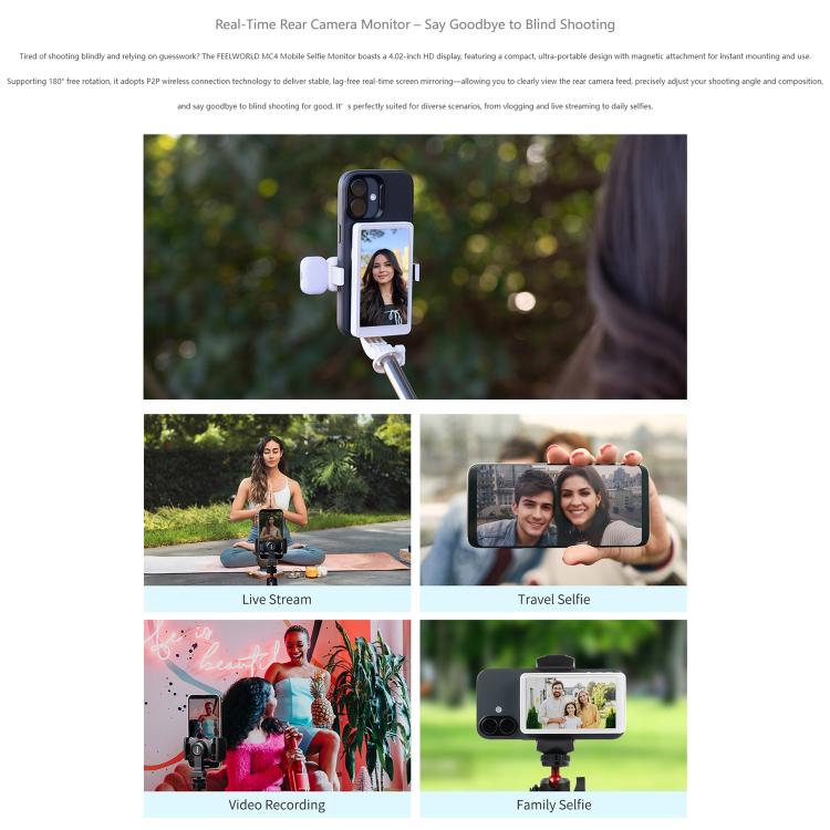 Moniteur d'écran selfie FEELWORLD MC4 pour vlog en direct, connexion sans fil magnétique avec télécommande
