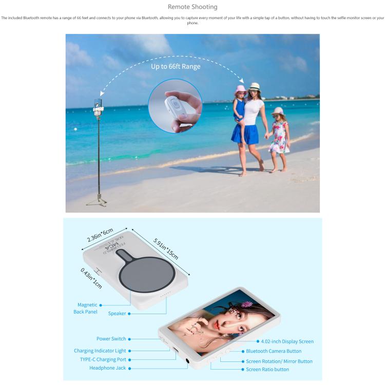 Moniteur d'écran selfie FEELWORLD MC4 pour vlog en direct, connexion sans fil magnétique avec télécommande