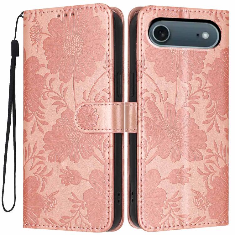 Étui de téléphone en cuir végétalien gaufré tournesol avec petite corde noire, Pour iPhone 16e / 17e, Pour iPhone 17 Pro Max, Pour iPhone 17 Pro, Pour iPhone 17, Pour iPhone Air, Pour iPhone 16 Pro Max, Pour iPhone 16 Pro, Pour iPhone 16 Plus