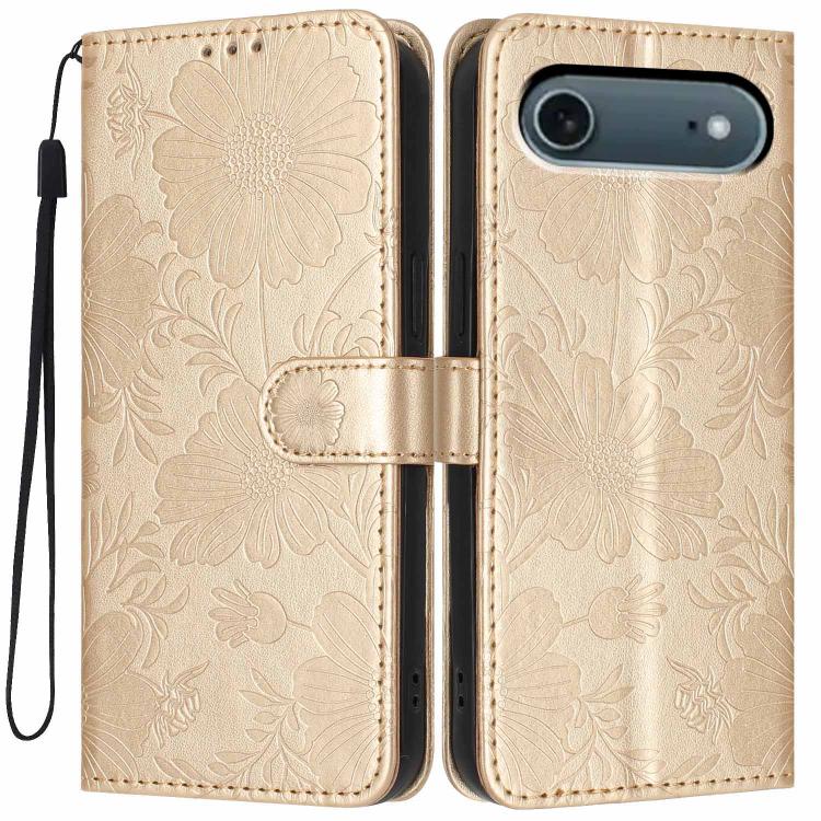 Étui de téléphone en cuir végétalien gaufré tournesol avec petite corde noire, Pour iPhone 16e / 17e, Pour iPhone 17 Pro Max, Pour iPhone 17 Pro, Pour iPhone 17, Pour iPhone Air, Pour iPhone 16 Pro Max, Pour iPhone 16 Pro, Pour iPhone 16 Plus