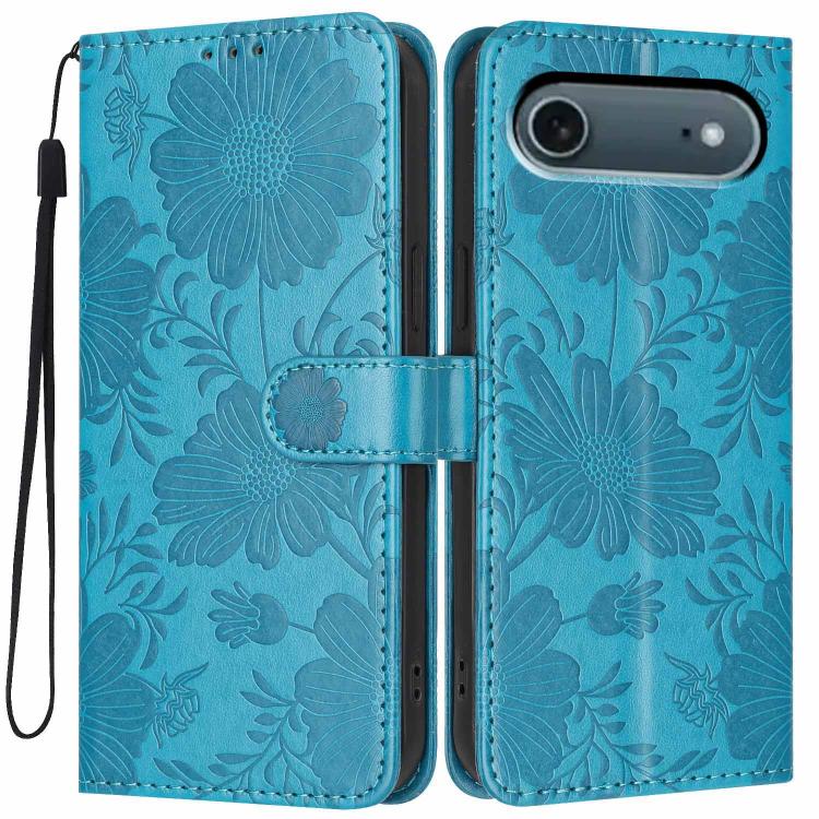 Étui de téléphone en cuir végétalien gaufré tournesol avec petite corde noire, Pour iPhone 16e / 17e, Pour iPhone 17 Pro Max, Pour iPhone 17 Pro, Pour iPhone 17, Pour iPhone Air, Pour iPhone 16 Pro Max, Pour iPhone 16 Pro, Pour iPhone 16 Plus