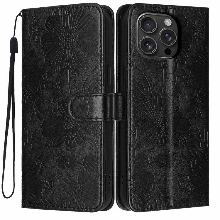 Étui de téléphone en cuir végétalien gaufré tournesol avec petite corde noire, Pour iPhone 16e / 17e, Pour iPhone 17 Pro Max, Pour iPhone 17 Pro, Pour iPhone 17, Pour iPhone Air, Pour iPhone 16 Pro Max, Pour iPhone 16 Pro, Pour iPhone 16 Plus