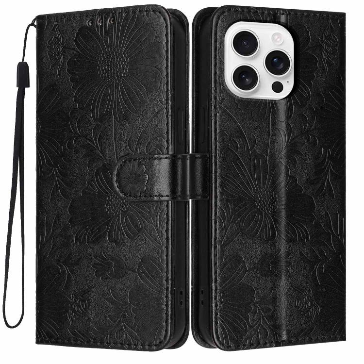 Étui de téléphone en cuir végétalien gaufré tournesol avec petite corde noire, Pour iPhone 16e / 17e, Pour iPhone 17 Pro Max, Pour iPhone 17 Pro, Pour iPhone 17, Pour iPhone Air, Pour iPhone 16 Pro Max, Pour iPhone 16 Pro, Pour iPhone 16 Plus