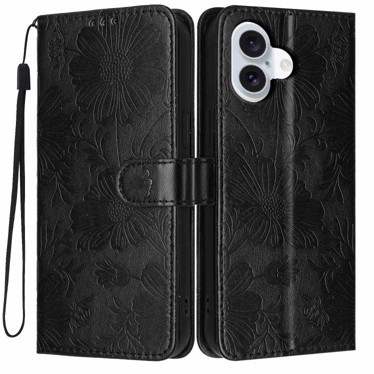 Étui de téléphone en cuir végétalien gaufré tournesol avec petite corde noire, Pour iPhone 16e / 17e, Pour iPhone 17 Pro Max, Pour iPhone 17 Pro, Pour iPhone 17, Pour iPhone Air, Pour iPhone 16 Pro Max, Pour iPhone 16 Pro, Pour iPhone 16 Plus