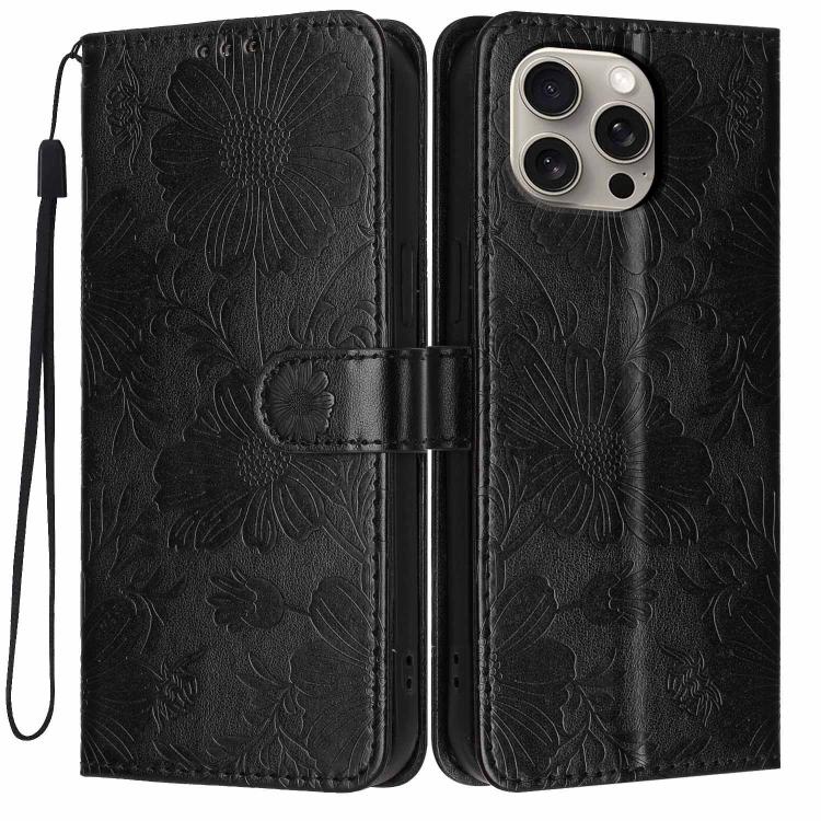 Coque de téléphone en cuir végétalien gaufré tournesol avec petite corde noire, Pour iPhone 14 Pro Max, Pour iPhone 13 Pro Max, Pour iPhone 13 Pro, Pour iPhone 13, Pour iPhone 12 / 12 Pro, Pour iPhone 12 Pro Max, Pour iPhone 11 Pro Max, Pour iPhone 11