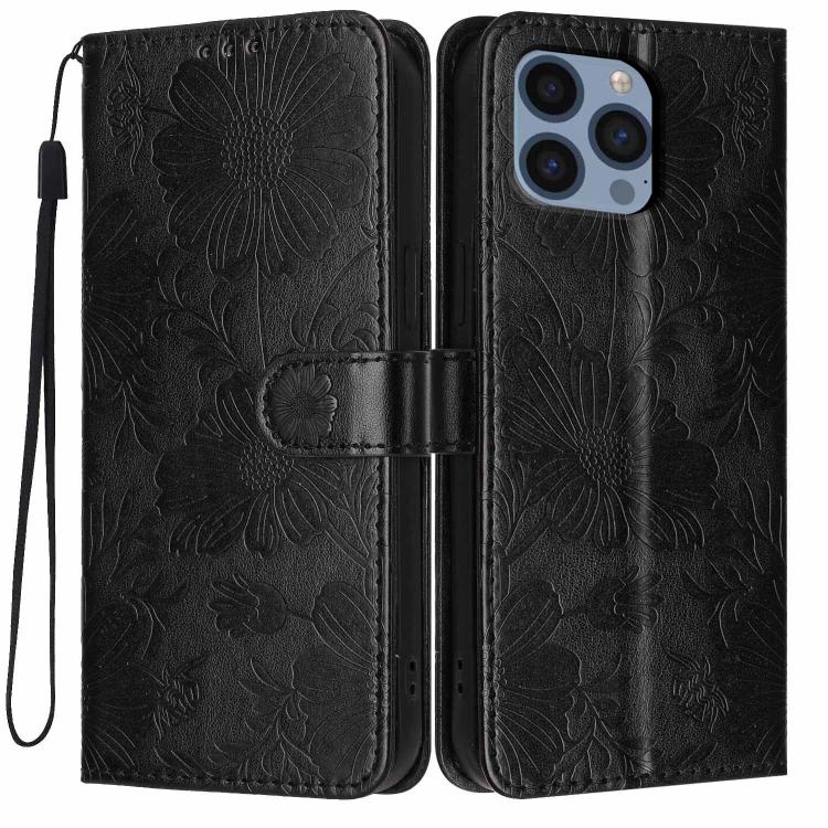 Coque de téléphone en cuir végétalien gaufré tournesol avec petite corde noire, Pour iPhone 14 Pro Max, Pour iPhone 13 Pro Max, Pour iPhone 13 Pro, Pour iPhone 13, Pour iPhone 12 / 12 Pro, Pour iPhone 12 Pro Max, Pour iPhone 11 Pro Max, Pour iPhone 11