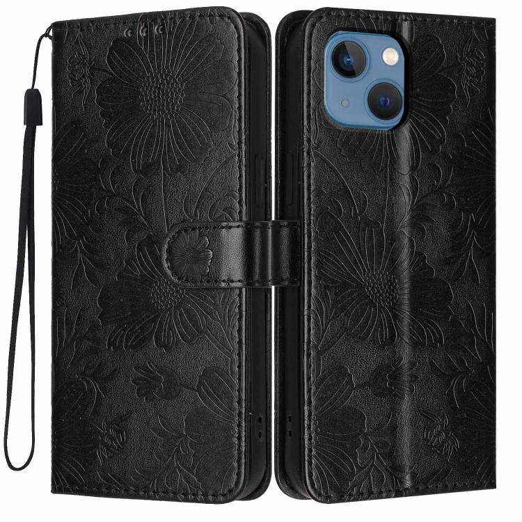 Coque de téléphone en cuir végétalien gaufré tournesol avec petite corde noire, Pour iPhone 14 Pro Max, Pour iPhone 13 Pro Max, Pour iPhone 13 Pro, Pour iPhone 13, Pour iPhone 12 / 12 Pro, Pour iPhone 12 Pro Max, Pour iPhone 11 Pro Max, Pour iPhone 11