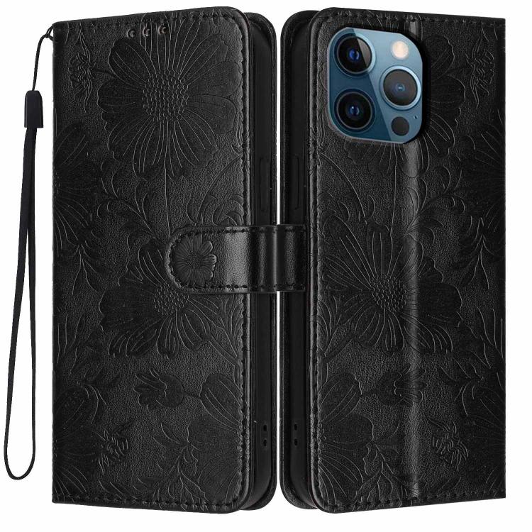 Coque de téléphone en cuir végétalien gaufré tournesol avec petite corde noire, Pour iPhone 14 Pro Max, Pour iPhone 13 Pro Max, Pour iPhone 13 Pro, Pour iPhone 13, Pour iPhone 12 / 12 Pro, Pour iPhone 12 Pro Max, Pour iPhone 11 Pro Max, Pour iPhone 11