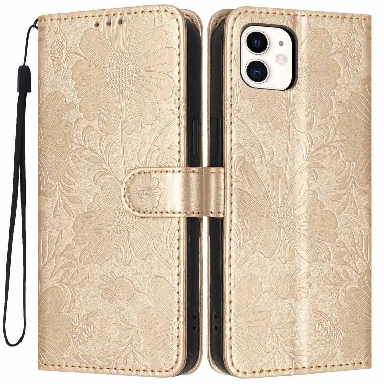 Coque de téléphone en cuir végétalien gaufré tournesol avec petite corde noire, Pour iPhone 14 Pro Max, Pour iPhone 13 Pro Max, Pour iPhone 13 Pro, Pour iPhone 13, Pour iPhone 12 / 12 Pro, Pour iPhone 12 Pro Max, Pour iPhone 11 Pro Max, Pour iPhone 11