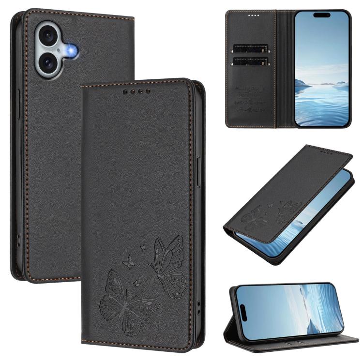 Étui de téléphone en cuir végétalien double papillon magnétique puissant RFID, Pour iPhone Air, Pour iPhone 16 Pro Max, Pour iPhone 16 Pro, Pour iPhone 16 Plus