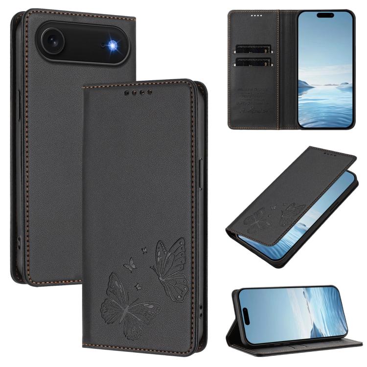 Étui de téléphone en cuir végétalien double papillon magnétique puissant RFID, Pour iPhone Air, Pour iPhone 16 Pro Max, Pour iPhone 16 Pro, Pour iPhone 16 Plus