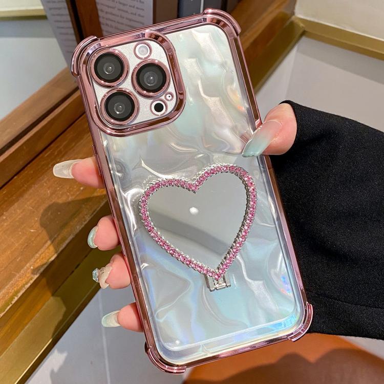 Heart-shaped Mirror Electroplated TPU + Acrylic Phone Case with Holder, For iPhone 13 Pro, For iPhone 13, For iPhone 12, For iPhone 12 Pro Max, For iPhone 12 Pro, For iPhone 11 Pro Max, For iPhone 11, For iPhone 11 Pro, For iPhone X / XS