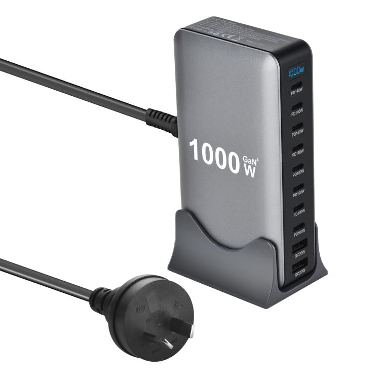 Chargeur multifonctionnel YMX-1000W 1000W avec 8 ports Type-C et 2 ports USB 10 à affichage numérique, prise AU, prise EU, prise UK, prise US