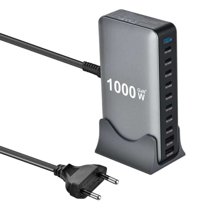 Chargeur multifonctionnel YMX-1000W 1000W avec 8 ports Type-C et 2 ports USB 10 à affichage numérique, prise AU, prise EU, prise UK, prise US