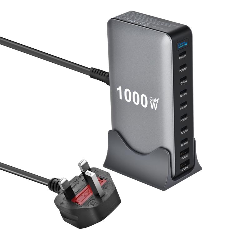 Chargeur multifonctionnel YMX-1000W 1000W avec 8 ports Type-C et 2 ports USB 10 à affichage numérique, prise AU, prise EU, prise UK, prise US