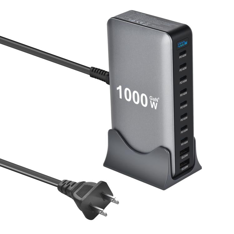 Chargeur multifonctionnel YMX-1000W 1000W avec 8 ports Type-C et 2 ports USB 10 à affichage numérique, prise AU, prise EU, prise UK, prise US