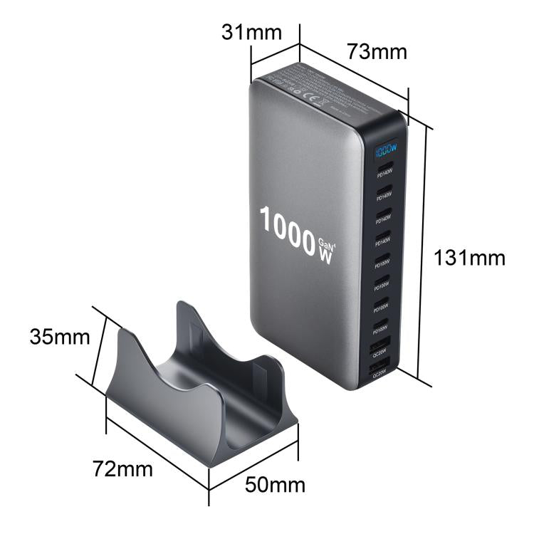 Chargeur multifonctionnel YMX-1000W 1000W avec 8 ports Type-C et 2 ports USB 10 à affichage numérique, prise AU, prise EU, prise UK, prise US