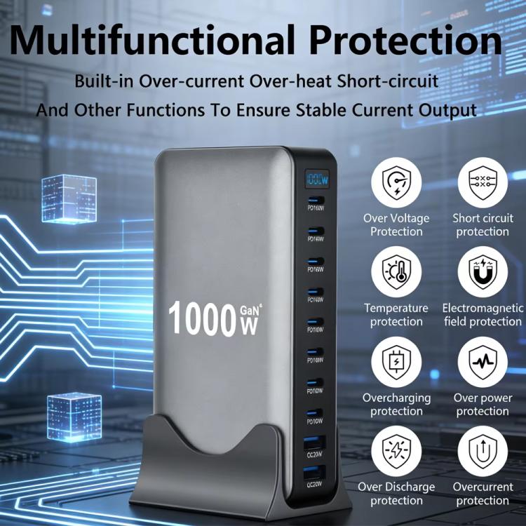 Chargeur multifonctionnel YMX-1000W 1000W avec 8 ports Type-C et 2 ports USB 10 à affichage numérique, prise AU, prise EU, prise UK, prise US