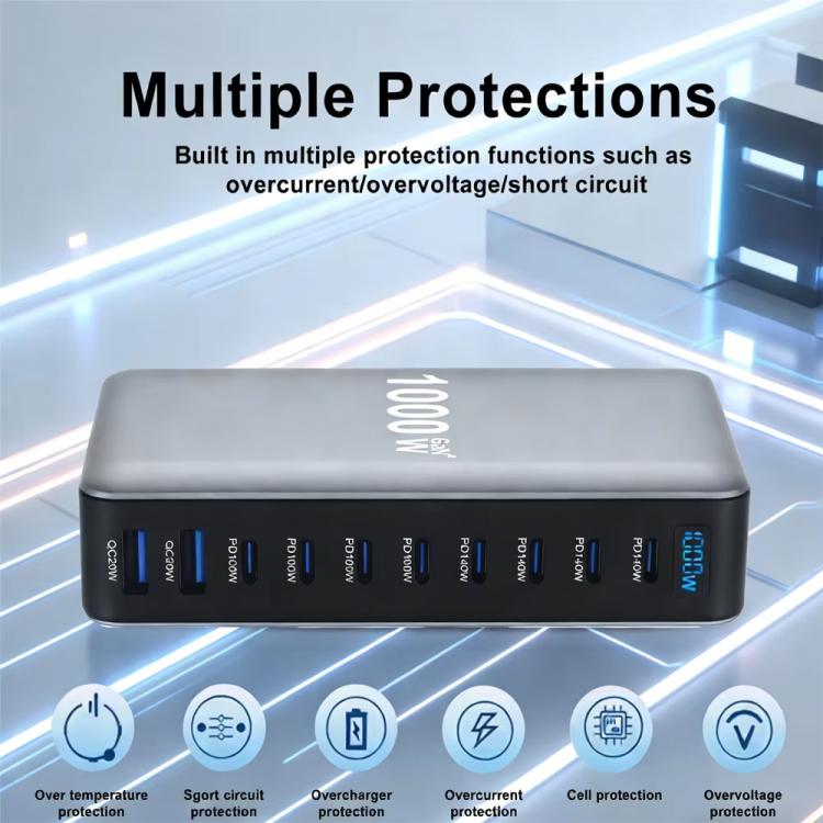 Chargeur multifonctionnel YMX-1000W 1000W avec 8 ports Type-C et 2 ports USB 10 à affichage numérique, prise AU, prise EU, prise UK, prise US