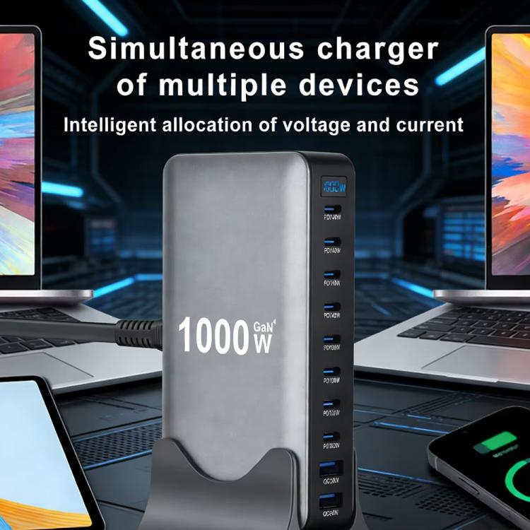 Chargeur multifonctionnel YMX-1000W 1000W avec 8 ports Type-C et 2 ports USB 10 à affichage numérique, prise AU, prise EU, prise UK, prise US
